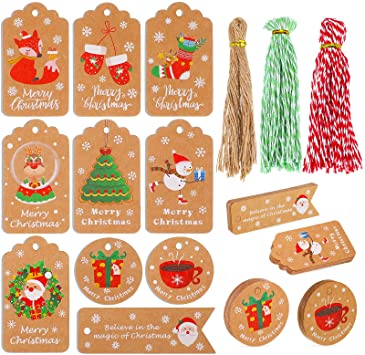 150 Pieces Christmas Kraft Paper Tags Christmas Theme Tags with Rope Hanging Kraft Paper Label Xmas Hang Tag with Holes for DIY Xmas Decoration Supplies