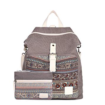 CASE STAR Women Girls Canvas Backpack Purse Bohemian Casual Shoulder Bag Rucksack Fashion Handbag with One Small Canvas Wallet Electronics Accessories Organizer Bag (Grey with Bohemian Pattern)