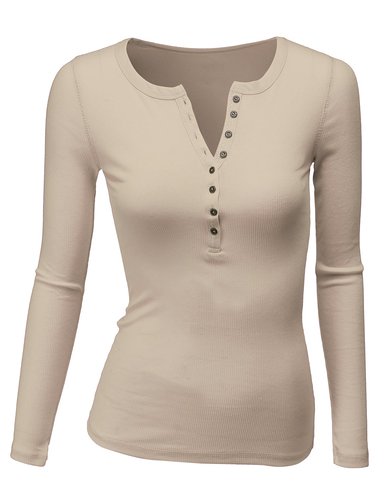 Doublju Womens Long Sleeve Thermal Cotton Henley T-Shirt