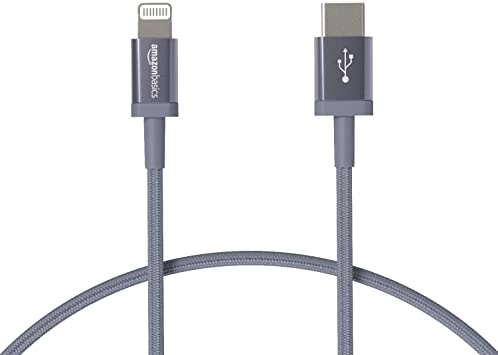 AmazonBasics Nylon Braided USB-C to Lightning Cable, MFi Certified Charger for  iPhone 11/11 Pro/11 Pro max/X/XS/XR/XS Max / 8/8 Plus,  Type-C chargers, supports Power Delivery  – Dark Grey, 30.48 cm