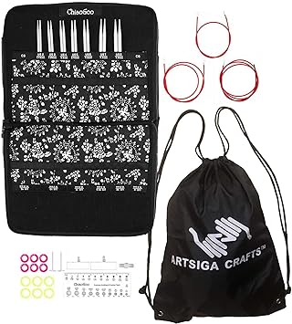ChiaoGoo Twist Red Lace 4-Inch Small 7400-S Interchangeable Circular Knitting Needle Set, Sizes US 2, 3, 4, 5, 6, 7, 8, Stainless Steel with 3 Cords Bundle with 1 Artsiga Crafts Project Bag