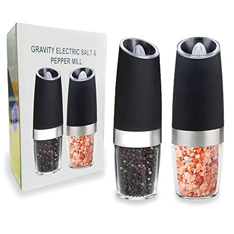 KUCI Electric-Automatic Salt and Pepper Grinder Set, 2 mills,Gravity Operation and Battery Powered, Blue LED Light indication,Pack of 2,Black