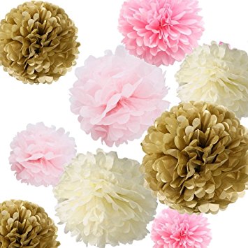 Fonder Mols 12 Tissue Pom Poms Kit - Ivory, Light Pink, Pink and kahki- Pom Poms Decor,tissue Paper Pom Poms,tissue Paper Pom Poms Pink,Tissue Paper Flowers Kit, Pom Poms Craft