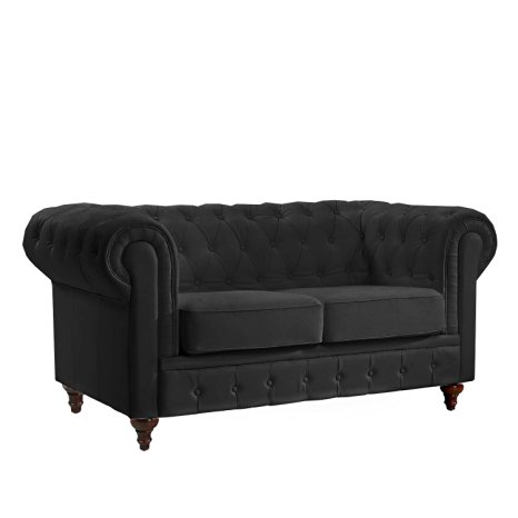 Classic Scroll Arm Tufted Bonded Leather Chesterfield 2 Seater Loveseat (Black)