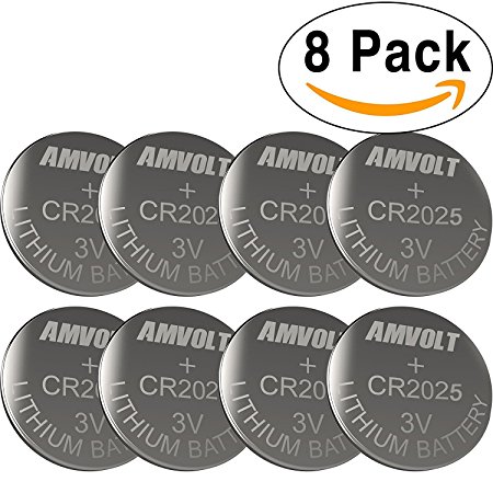8 Pack AmVolt CR2025 Battery 3 Volt Lithium Battery Coin Button Cell 2020 Expiry Date