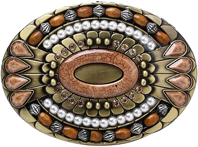 Bohemia Belt Buckle,Celtic Indian Gemstone Totem Oval Style Western Cowboy Design Belt Buckle,Western Cowboy Cowgirl Tiger eye Stone Belt Buckle Oval White Gold Plated for Men and Women.