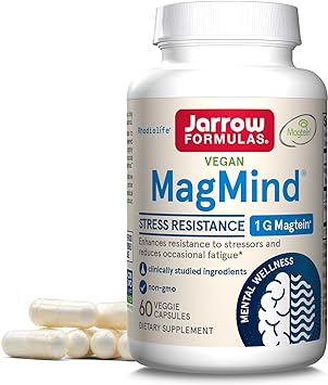 Jarrow Formulas MagMind Stress Resistance with Magtein 1g, L-Theanine and Rhodiolife, Dietary Supplement for Stress and Occasional Fatigue Support, 60 Veggie Capsules, 30 Day Supply