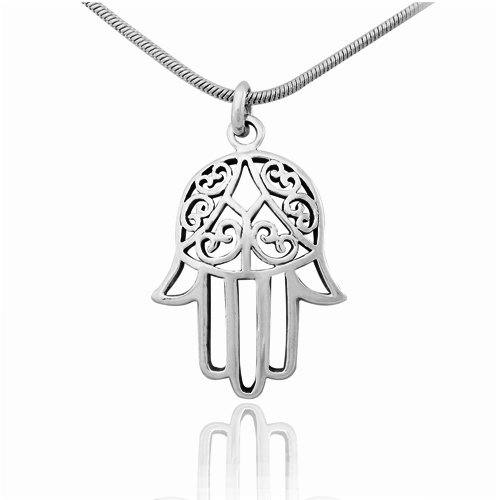 925 Sterling Silver Filigree Hamsa Hand of Fatima Pendant on Alloy Necklace Chain, 18 inches