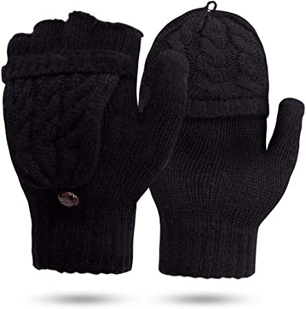 Winter Fingerless Gloves - Women Knit Warm Gloves Convertible Insulating Gloves with Mitten Cover