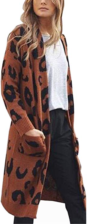 Angashion Women's Long Sleeves Leopard Print Knitting Cardigan Open Front Warm Sweater Outwear Coats with Pocket