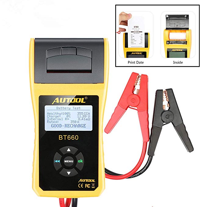 AUTOOL Automotive Battery Tester 12V/24V Car Battery System Tester Cranking and Charging Test System Analyzer Scan Tool with Printer (BT-660)