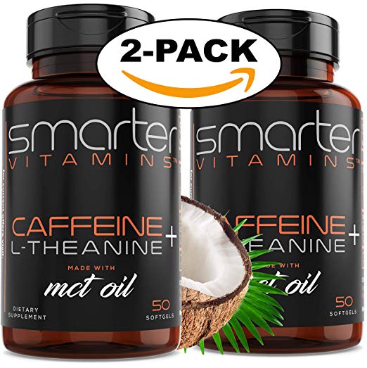 (2 Bottles) SmarterVitamins KETO 200mg CAFFEINE PILLS + MCT Oil from 100% Coconuts 100mg L-Theanine for Advanced Energy, Enhanced Focus and Clarity + Extended Release