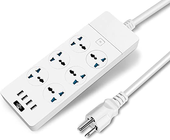 MAOZUA Universal Power Strip with 6 Oulets and 4 USB, 6.5ft Extension Cord 3000W Universal Power Strip Surge Protector 110V-250V Extension Lead for Home Office Dorm Room (White)