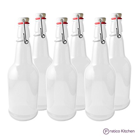 Secure Swing 16 oz Beer Bottles with Ceram-Seal Ceramic Cap for Fermentation & Carbonation of Beer, Soda, & Kombucha - 6 Pack - Clear