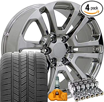 OE Wheels LLC 20 inch Rims Fits Chevy Silverado Tahoe Sierra Yukon Escalade CV99 Chrome 20x9 Rims Goodyear Eagle All Season Tires Lugs TPMS SET
