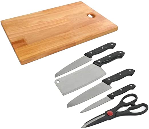Man Meet Marketing Wooden Chopping Board with Knife Set and Scissor, 6 Piece Stainless Steel Kitchen Knife Knives Set with Knife Scissor