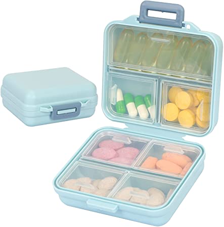 FYY Weekly Pill Organizer, 7 Compartments Portable Pill Box Travel Medicine Pill Case for Purse Pocket, Daily Pill Container to Hold Vitamins, Cod Liver Oil, Supplements and Medication Square Blue