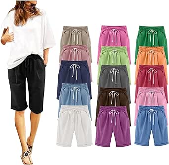 Women's Knee Length Bermuda Shorts Elastic Waist Drawstring Casual 10" Long Shorts Loose Fit Summer Beach Shorts