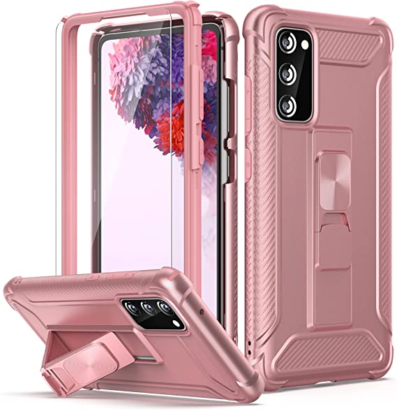 ORETech Designed for Samsung Galaxy S20 FE Case,with [2X Tempered Glass Screen Protectors] Full Body Shockproof Heavy Duty Hard PC Back Soft Rubber Kickstand Cover for Samsung S20 FE 6.5" Rosegold
