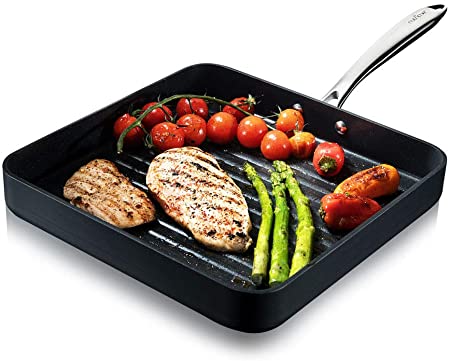 Nonstick Stove Top Grill Pan - PTFE/PFOA/PFOS Free 11" Hard-Anodized Non stick Grill & Griddle Pan - Kitchen Cookware ,High Ridges, Strong Riveted Handles, Dishwasher Safe - NutriChef NCGRP38