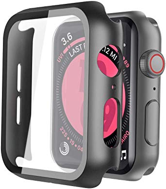 Langboom Black Hard Case Compatible with Apple Watch Series 5 Series 4 40mm with Screen Protector, Ultra Thin HD Tempered Glass Screen Protector Overall Protective Cover for iwatch Series 5/4
