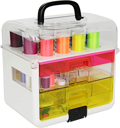SINGER Sew-It-Goes - 255 Piece Sewing Kit & Basket Organizer - Sewing Case Storage with Neon Embroidery Thread (Neon)