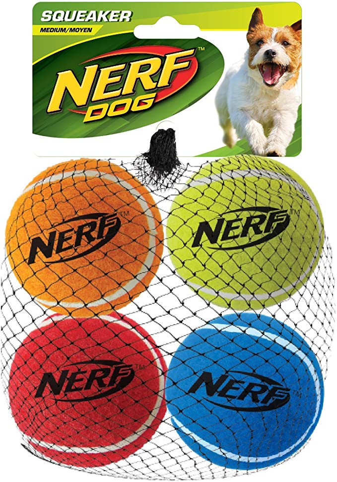 Nerf Dog Tennis Ball Dog Toys with Interactive Squeaker, Lightweight, Durable and Water Resistant, 2.5 Inches, for Small/Medium/Large Breeds, Four Pack, Mixed Colors