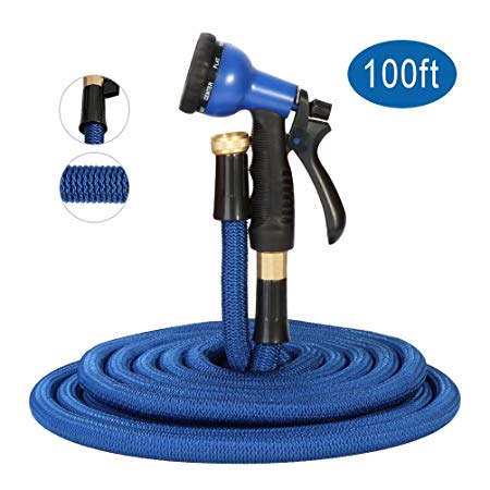 Hongmai 100ft Expandable Garden Hose - New Water Hose, Heavy Duty Leakproof Connector& Double Latex Core& Extra Strength Fabric Protection - Flexible Watering hose with 8 Function Spray Nozzle(Blue