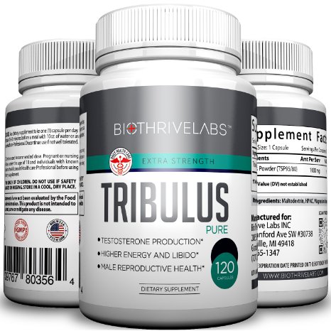 Tribulus Terrestris Extract. 120 Capsules with 1000mg of Extreme Testosterone Booster - Perfect Male Enhancement and Powerful Bodybuilding Supplement for Muscle Growth & Libido Boost. No Side Effects!
