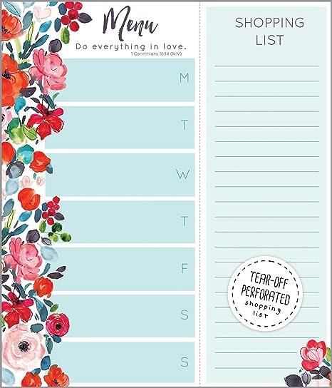 Weekly Meal Planner Note Pad - Roses on Blue - Do Everything in Love - with Perforated Tear-off Grocery List- 7.5” x 8.75” 50 Padded Sheets Easy Menu Planner with Detachable Shopping List Pad and Attachable Magnet – With Scripture