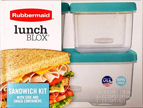 Rubbermaid LunchBlox Sandwhich Kit with Side and Snack Containers ; Secure Lid Sea