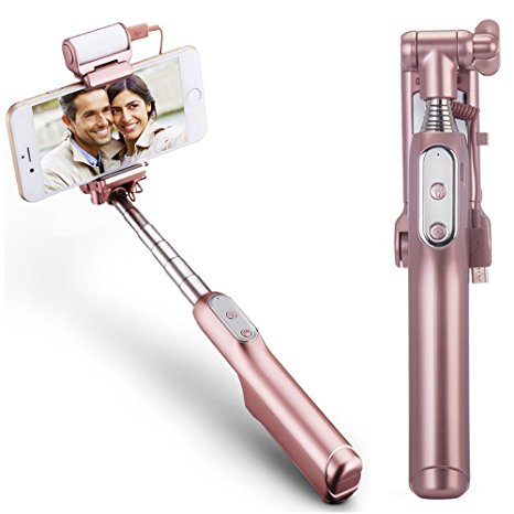 Sazooy Bluetooth Mini Selfie Stick with Led Fill Light and Rear Mirror, Support ios 5.0 or above/iphone7, Samsung Galaxy S8/S8 Plus/s7 edge Android 4.2 or above Phones (Rose Gold)