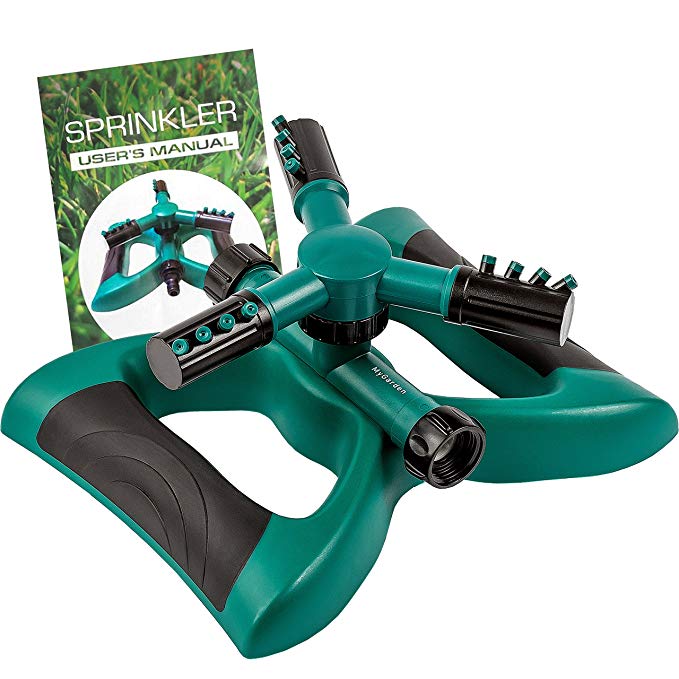Water Sprinkler System - Lawn Garden Sprinkler Head - Outdoor Automatic Sprinklers for Lawn Irrigation System Kids - Three Arm High Impact Sprinkler System - Up to 3600 Square Feet