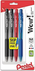 Pentel WOW! Retractable Ballpoint Pens, Medium Line, Assorted Ink, 4 Pack (BK440BP4M1)