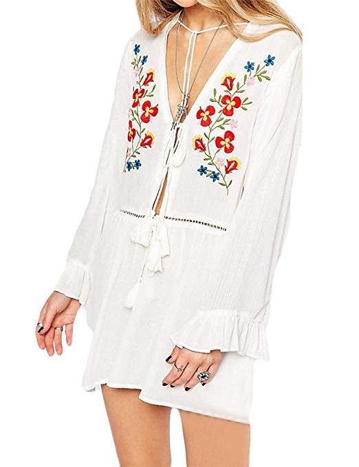 Bsubseach Women Embroidered Half/Long Sleeve Swimsuit Cover up Mini Beach Dress