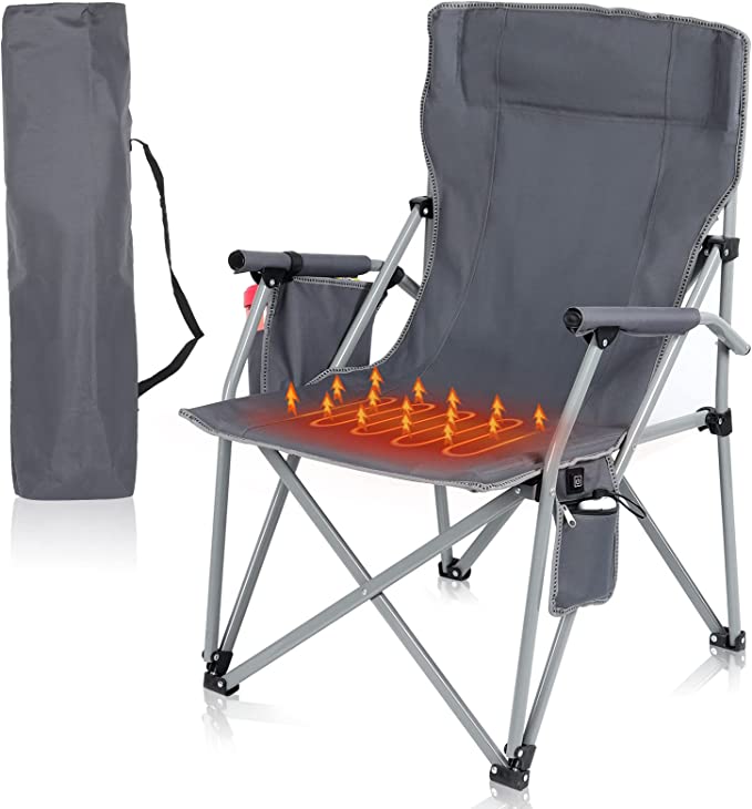 FirstE Heated Camping Chairs, Width 22.5" Portable Folding Heated Lawn Chair with Armrest，Zipper Pockets, Cup Holder, USB Heated Chair Outdoor for Sports, Beach, Picnic 1PC(Battery Pack NOT Included)