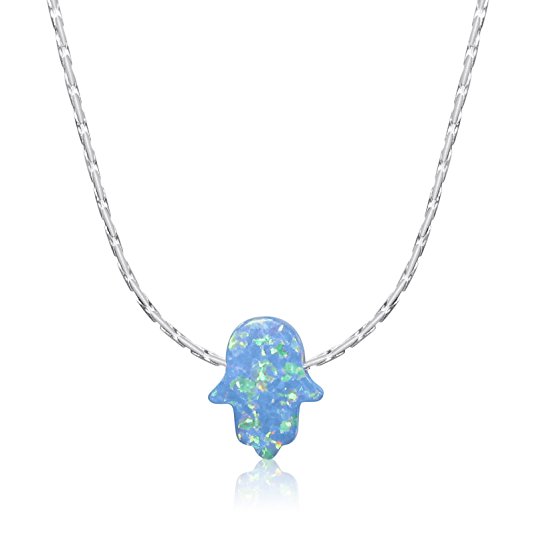 Blue Opal Hamsa Hand Necklace 16-18 inch in Yellow or Rose Gold Plated and Sterling Silver