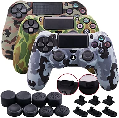 9CDeer 3 Pieces of Silicone Water Transfer Protective Sleeve Case Cover Skin   8 Thumb Grips Analog Caps   3 sets of dust proof plug for PS4/Slim/Pro Controller, Camouflage Brown Grey Green