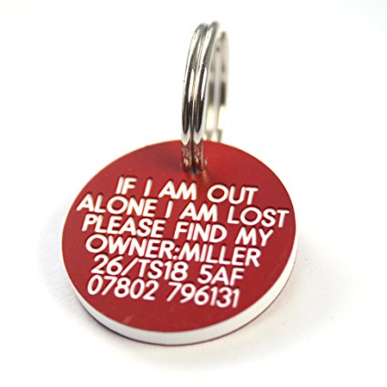 Deeply engraved red plastic 27mm circular dog tag