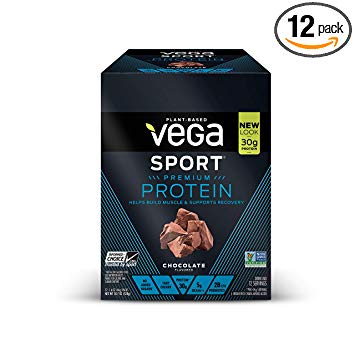 Vega Sport Protein Powder Chocolate (12 Count, 1.6oz packets) - Plant-Based Vegan Protein Powder, BCAAs, Amino Acid, tart cherry, Non Dairy, Gluten Free, Non GMO (Packaging May Vary)