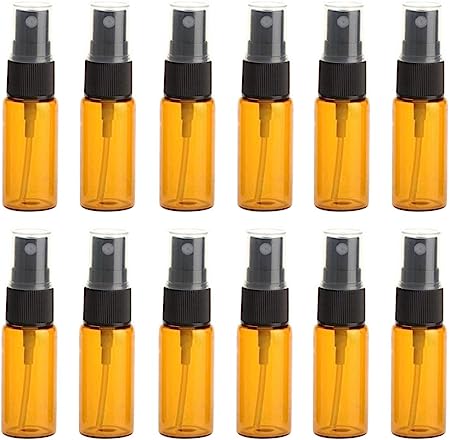 12PCS Amber Empty Refill Glass Spray Vial Bottle Jar Pots with Black Nozzle and Clear Cap Makeup Water Perfume Cosmetic Sample Packing Storage Container Fine Mist Sprayers Atomizers(15ml/0.5oz)