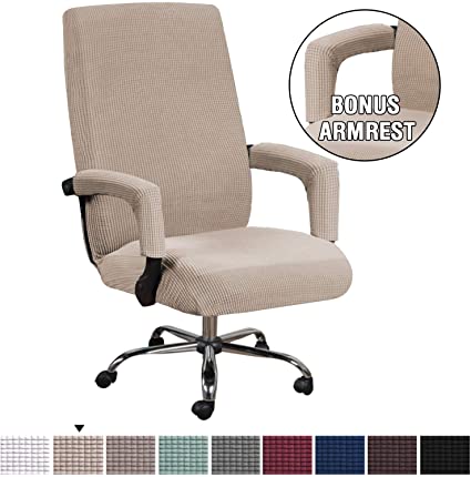 H.VERSAILTEX Form Fit Stretch Stylish Furniture Cover for Computer/Office Chair Featuring Rich Jacquard Knitted Fabric, Basic Zipper Slipcover for High Back Chair Cover with Arm Covers, Large, Sand