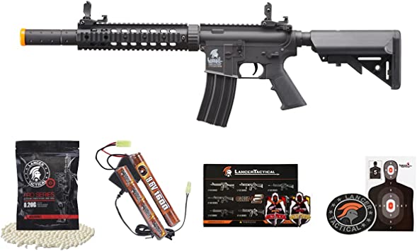 Lancer Tactical Gen 2 M4 SD Nylon Polymer 9 inch Rail AEG Airsoft Rifle with 9.6v 1600 mAh Nimh Battery, Charger, and 1000 Rounds 0.20g BB Included (Black/Tan - Low FPS/High FPS)