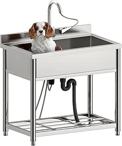 Stainless Steel Large Utility Sink Single Bowl, Freestanding Laundry Sink with Pull-Out Faucet, Utility Sink for Laundry Room, Garage, Kitchen, Outdoor/Indoor Use, W35.4" x D22.4" x H37"