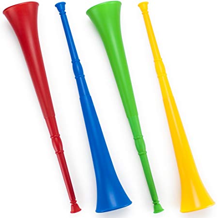 Pudgy Pedro's Plastic Vuvuzela Stadium Horns (4-Pack), 26-Inch