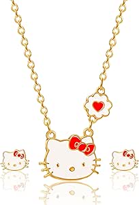 Hello Kitty Sanrio Jewelry Set - Flash Plated 18 3 Necklace and Stud Earrings Officially Licensed