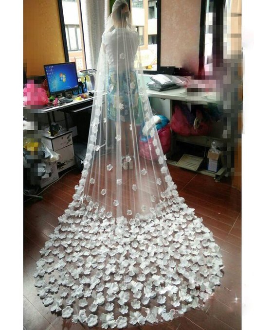 100 Inch 1 Tier Flower Blooming Cathedral Wedding Veils with Appliques