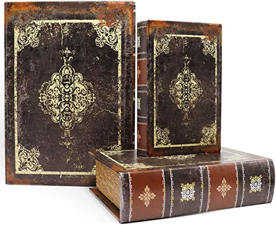 Jolitac Decorative Book Boxes Pattern Antique Book Invisible box Storge Box with Magnetic Cover, Faux Wood Set of 3 Storage Set (Dark Vintage)