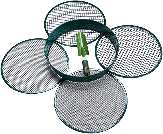 Garden Riddle Sieve Mesh Garden Mini Metal Stackable Sifting Pan Soil Sand Sieve with 4 Pieces Interchangeable Filter Mesh Sizes 1/2, 1/4, 3/8, 1/8 Inch and Hand Trowel for Garden Soil Supplies