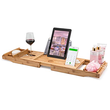 Morvat Bamboo Bathtub Tray, Bath Caddy, Bath Shelf, Bath Table, Bathtub Accessories, Bath Tray for Tub, Bathtub Caddy Tray, Bathtub Shelf for Laptop, Reading, Tablet| Bed and Bath Gift | Premium